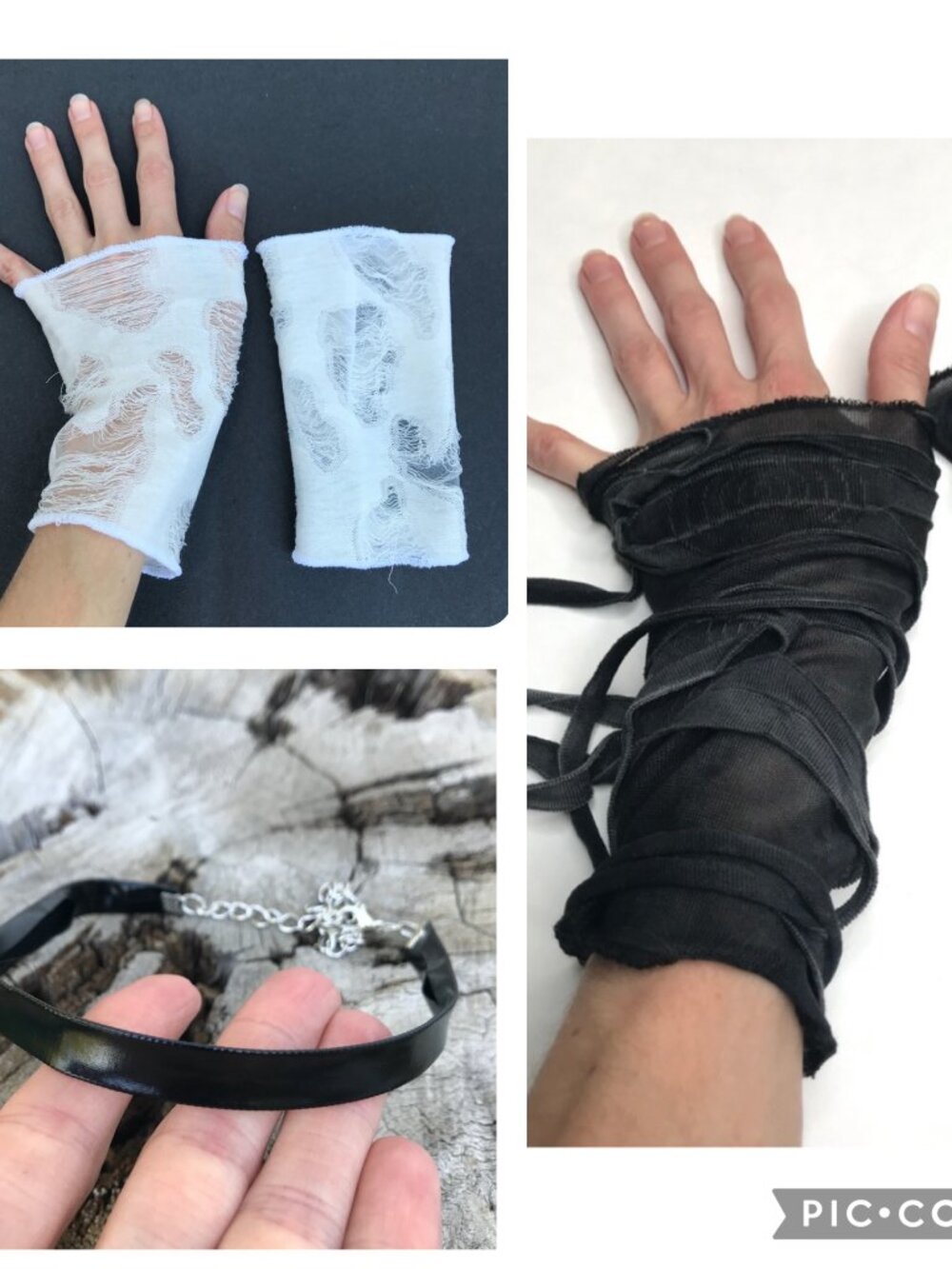BUNDLE DEAL! 3 Mummy Fingerless Gloves White Cuffs Gray Black Chain Necklace Psy